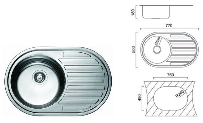 7108 Мойка CRISTAL круглая с полкой врезная 770x500х180 SATIN 7108 Мойка CRISTAL круглая с полкой врезная 770x500х180 SATIN