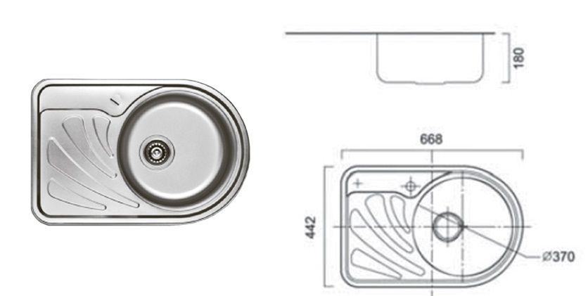 7111 Мойка CRISTAL круглая с полкой, врезная 668x442х180 SATIN Right 7111 Мойка CRISTAL круглая с полкой, врезная 668x442х180 SATIN Right
